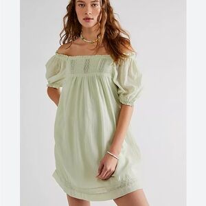Free People Light Green Puff Sleeve Dress with pockets and romper shorts